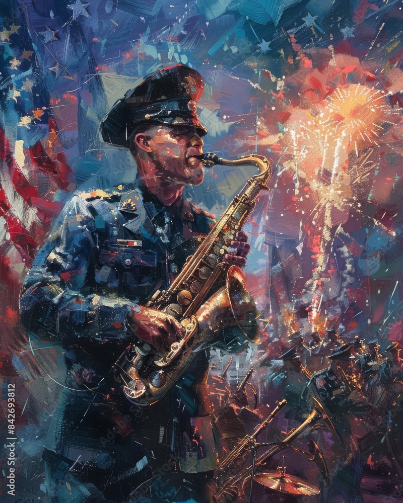Obraz premium A soldier in uniform plays the saxophone against a backdrop of fireworks and American flags.