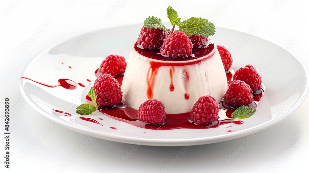 A creamy white panna cotta dessert topped with fresh raspberries and a drizzle of sauce. A creamy white panna cotta dessert topped with fresh raspberries and a drizzle of sauce.