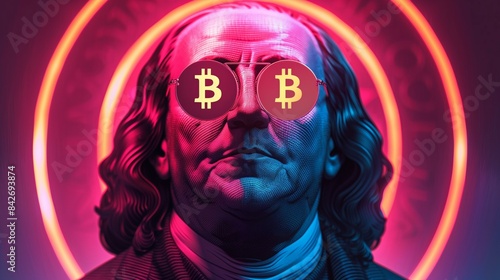 president benjamin franklin with bitcoin eyes,  cryptocurrency versus traditional money, crypto and blockchain concept