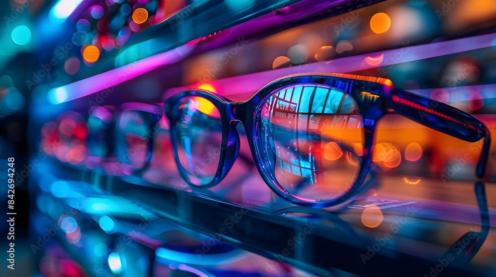 Colorful Glasses Displayed in Vibrant Optical Store with Neon Lighting and Reflective Surfaces