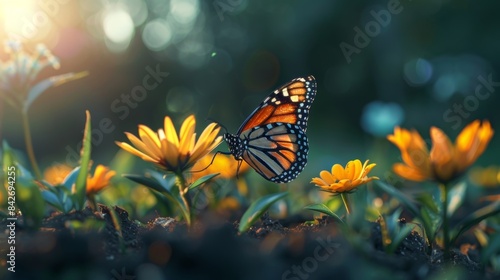 A colorful butterfly resting on a newly planted flower highlighting the natural beauty of the space. © Justlight