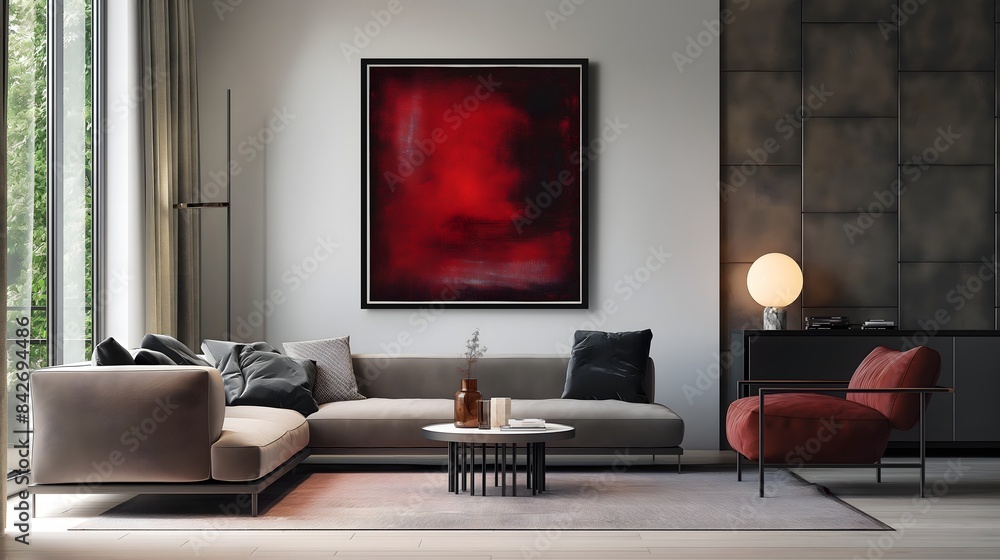 5. Set against a backdrop of minimalist luxury, a crimson poster frame mockup stands out as a statement piece in a modern living room, infusing the space with a burst of rich color and visual 5. Set against a backdrop of minimalist luxury, a crimson poster frame mockup stands out as a statement piece in a modern living room, infusing the space with a burst of rich color and visual