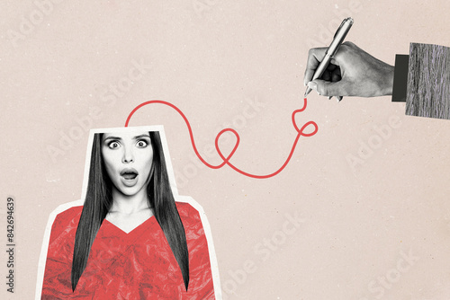 Composite photo collage of astonished woman open mouth emotions hand hold pen draw line brainwash concept isolated on painted background photo