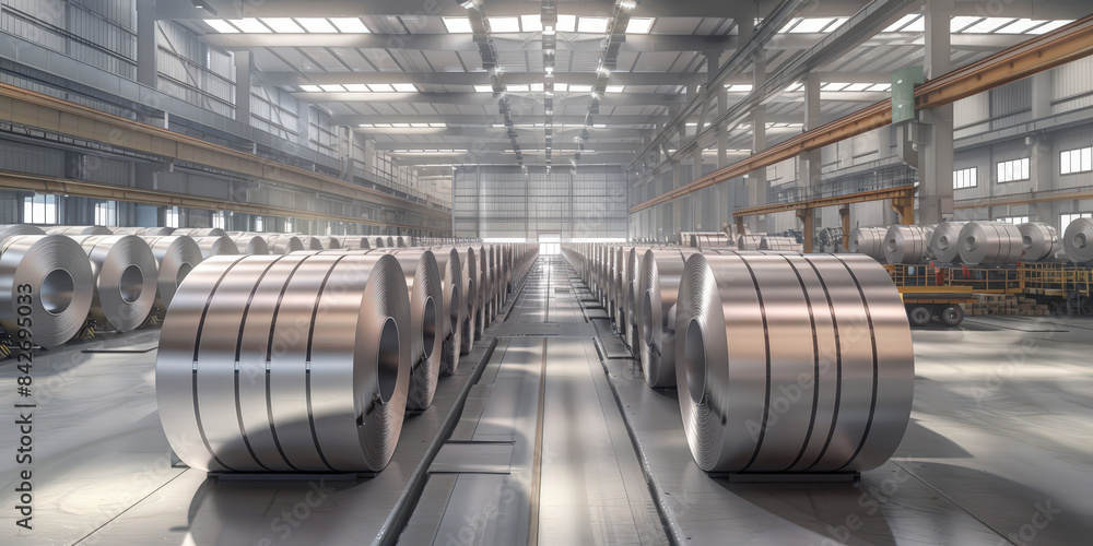 Industrial warehouse with neatly arranged rolls of metal sheets. facility showcases a clean and organized environment, highlighting the precision and efficiency in material storage and handling.. Industrial warehouse with neatly arranged rolls of metal sheets. facility showcases a clean and organized environment, highlighting the precision and efficiency in material storage and handling..
