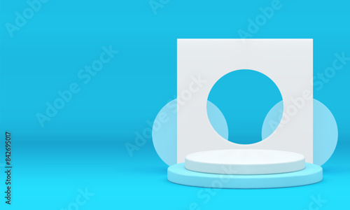 Blue 3d podium pedestal with squared frame hole wall background realistic vector illustration