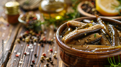 Tasty pickled anchovies with spices on wooden table