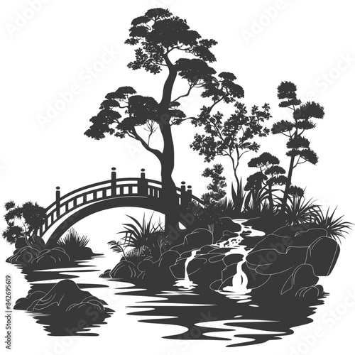 Zen Garden Silhouette: Arched Bridge, Cascade, and Trees.