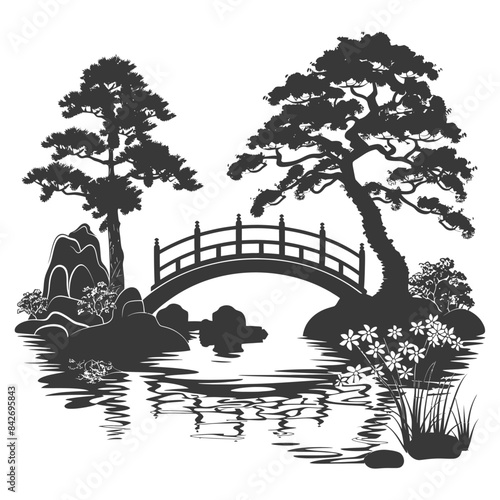 Japanese Garden Silhouette: Arched Bridge, Bonsai Trees, Pond Reflection