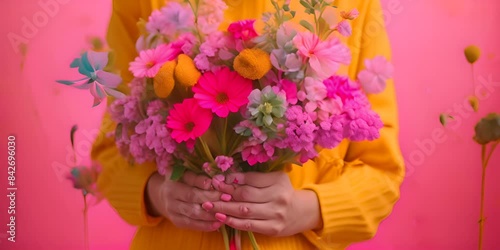 Wallpaper Mural Crop anonymous person demonstrating bunch of colorful flowers against pink background. 4K Video Torontodigital.ca