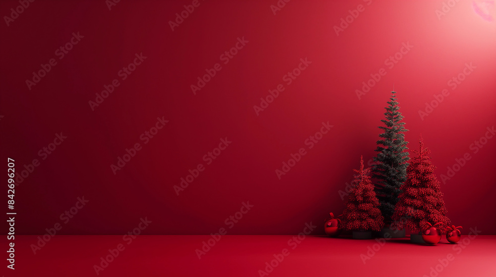 A red background with a Christmas tree in the foreground A red background with a Christmas tree in the foreground