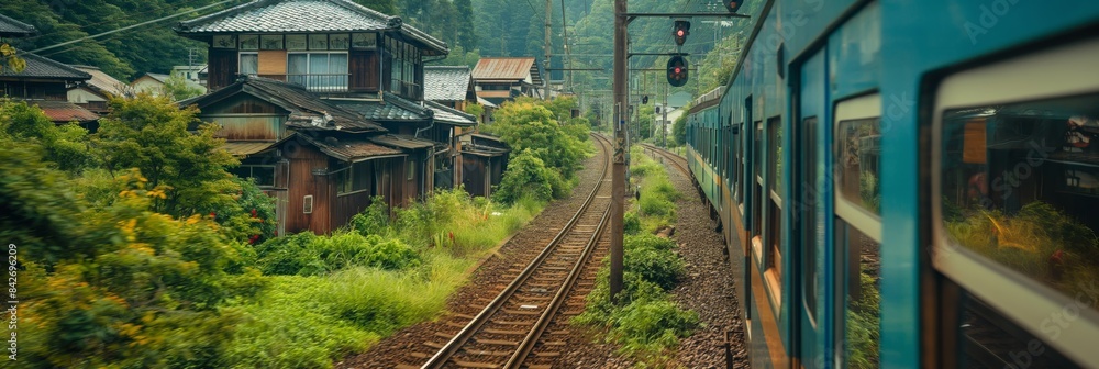 Fototapeta premium A scenic rural village with a train passing by on the tracks among green surroundings; traditional houses and signal lights complement the serene environment.