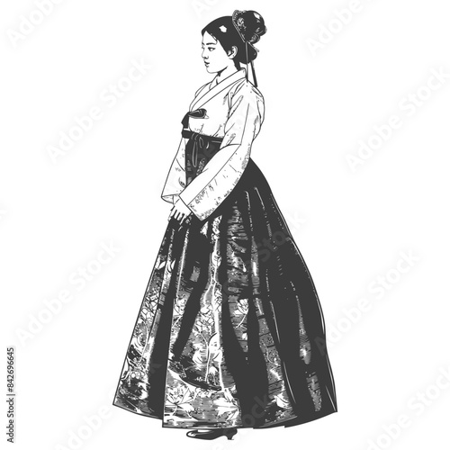 Korean Woman in Hanbok: Traditional Dress Sketch.