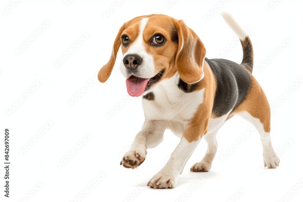 Beagle with Floppy Ears and a Wagging Tail: A Beagle with floppy ears and a wagging tail, showcasing its cheerful and energetic personality. photo on white isolated background