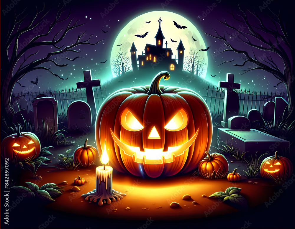 Fototapeta premium Halloween pumpkin with graveyard theme illustration