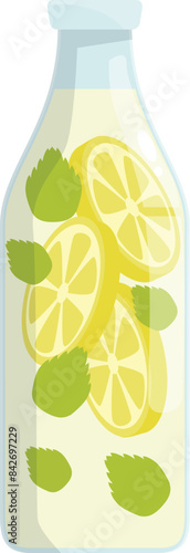 Glass bottle containing refreshing summer drink with slices of lemon and mint leaves