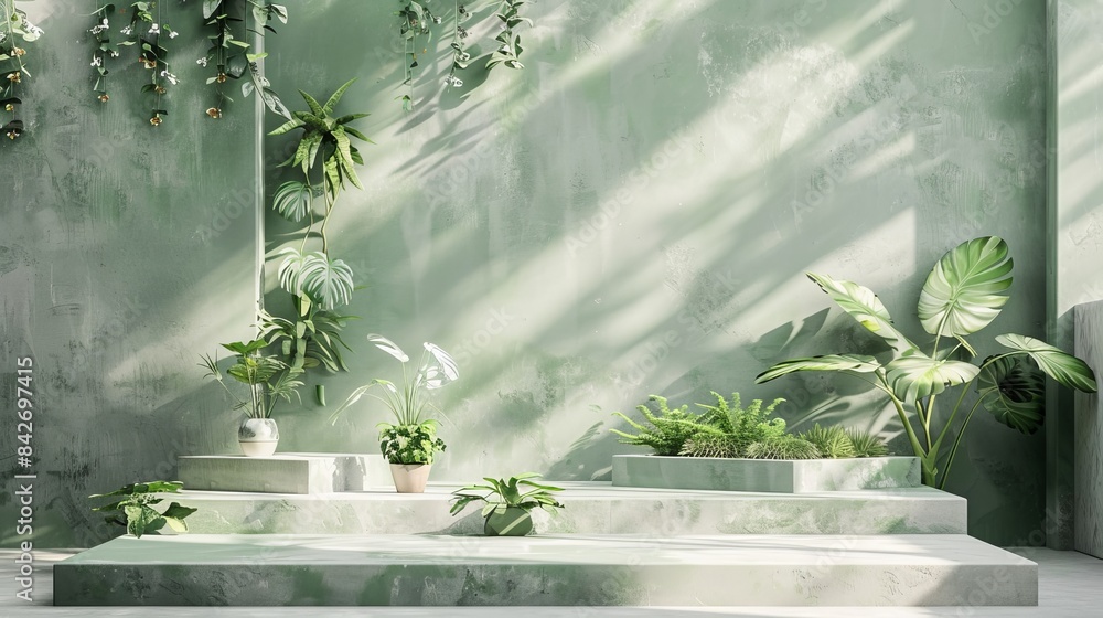 imagine a frontal view of some concrete podium stages covered with gardening products, on a light green backdrop, Studio photography, soft shadows imagine a frontal view of some concrete podium stages covered with gardening products, on a light green backdrop, Studio photography, soft shadows
