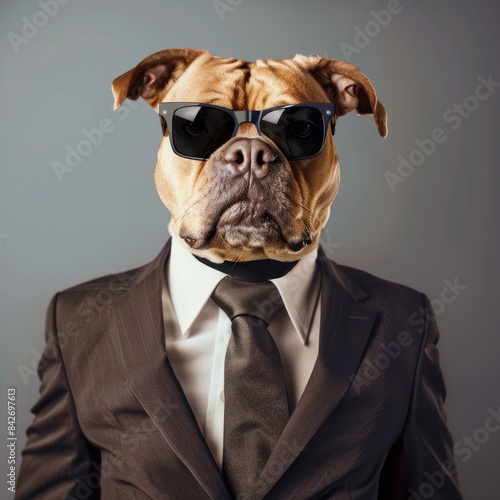 Dog in suit and sunglasses looking serious photo