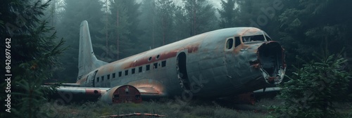 Wallpaper Mural A derelict airplane lies abandoned among trees in a forest, with foggy conditions emphasizing an eerie atmosphere Torontodigital.ca