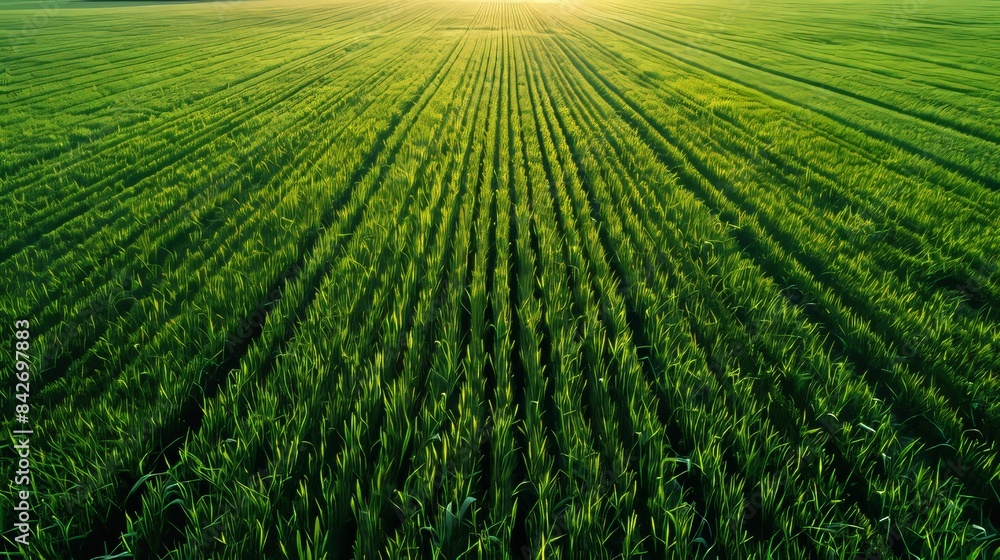 zoomed out aerial view of big grassy field, sunny day 
