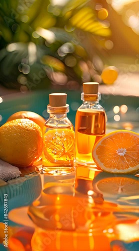 Cosmetic roller oil and citrus fruits with bath accessories by pool 4K Video