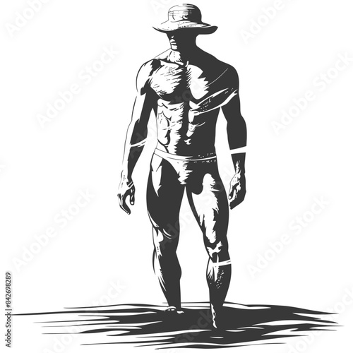 Contrasted Muscled Man: Shadowy Figure in Hat on Beach, Strong Silhouette.