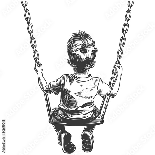 little boy playing swing in the playground with vector engraving style black color only