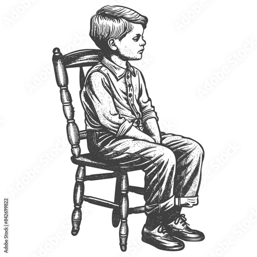Pensive Boy Sitting Straight in Wooden Chair, Vintage Engraving Style