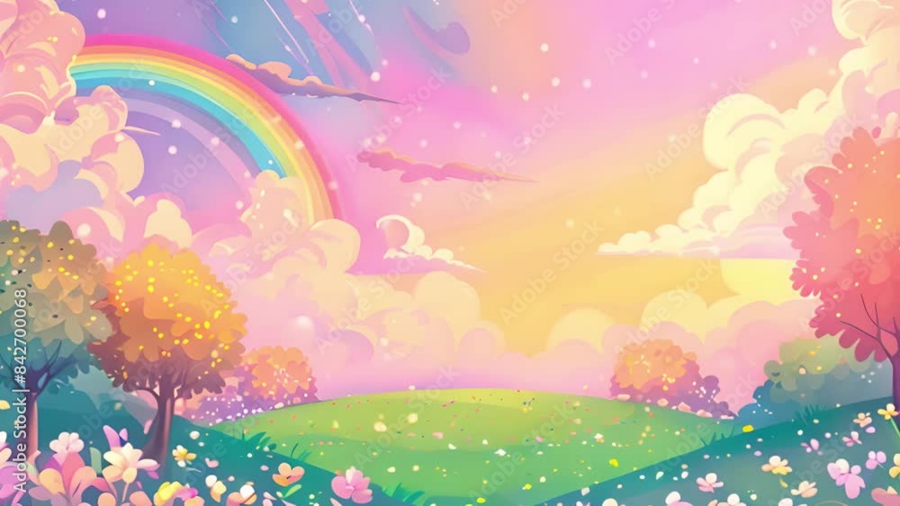 A digital illustration of a whimsical landscape with a rainbow, clouds, trees, and flowers. A digital illustration of a whimsical landscape with a rainbow, clouds, trees, and flowers.