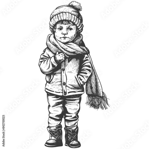 Pen and Ink: Wintry Little Boy in Scarf, Pom-Pom Hat, and Boots.