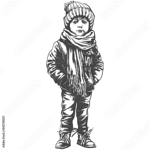 Wallpaper Mural Sketch of a bundled-up child in winter attire, hands in pockets, serious expression. Torontodigital.ca
