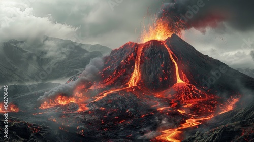 A volcano erupting with pyroclastic flows racing down its slopes, showcasing the destructive force of the eruption.