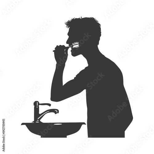 Silhouetted Man Brushing Teeth at Sink, Isolated on White: Morning Hygiene Routine.