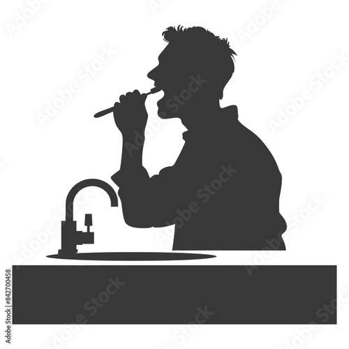 Silhouette: Man Brushing Teeth at Sink, Oral Hygiene, Early Morning Routine.