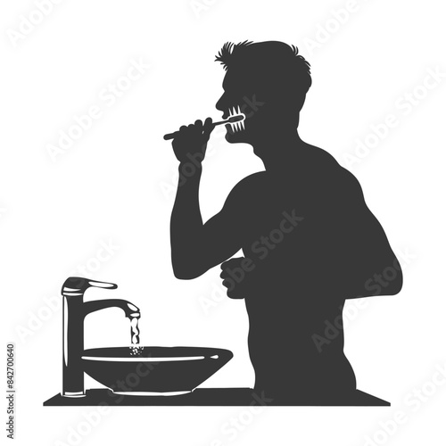 Silhouette of Man Brushing Teeth at Sink: Morning Hygiene Routine