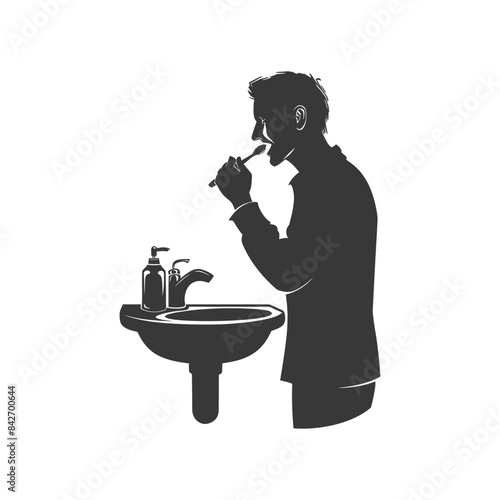 Silhouette: Man in Jacket Brushing Teeth at Sink. Morning Routine.