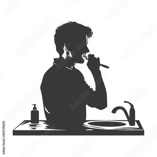Silhouetted Man Brushing Teeth at Sink: Daily Hygiene Routine.