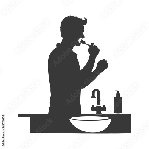 Silhouette: Man Brushing Teeth at Sink, Daily Hygiene Routine, Vector Illustration.