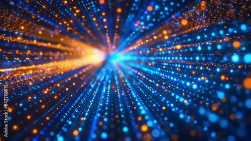 Blue and orange lights form a matrix of points, representing the flow of data as a fast-moving tunnel