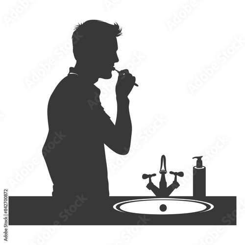 Silhouette of Man Brushing Teeth at Sink: Morning Routine, Hygiene, Black and White Graphic.