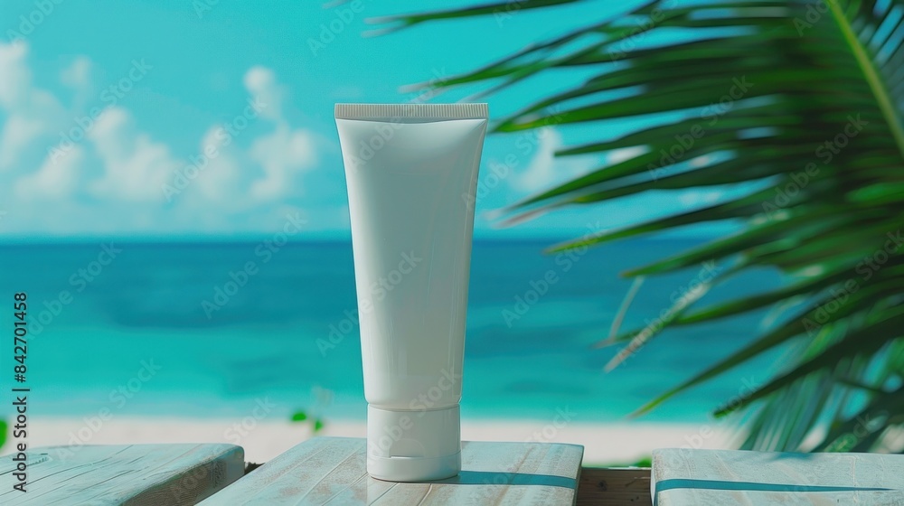 Fototapeta premium Tube of sunscreen on a tropical beach table