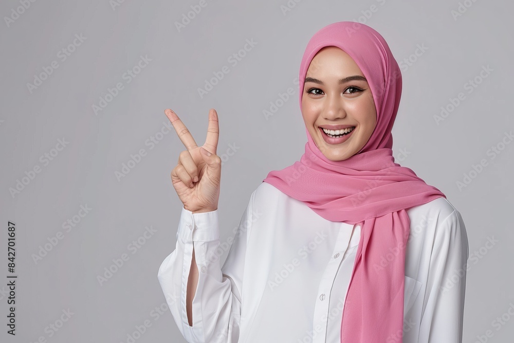 A cheery young woman, wearing a veil, pointing to the side over gray background. The concept is a promotion for the Eid and Ramadan sales. A cheery young woman, wearing a veil, pointing to the side over gray background. The concept is a promotion for the Eid and Ramadan sales.