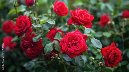 Blooming red roses growing on a shrub in the garden