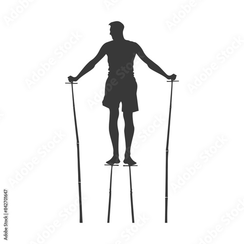 Silhouette of Man Standing Tall on Stilts, Arms Extended, Against White Background