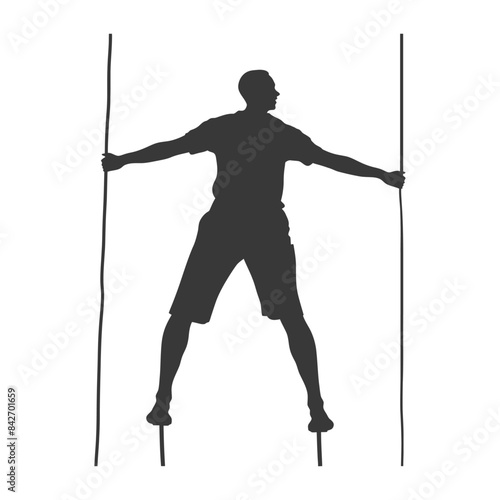 Silhouetted Man on Stilts, Balance and Arms Outstretched, Isolated on White Background