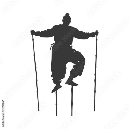 Silhouette: Chinese Martial Artist on Bamboo Stilts, Balance & Control.