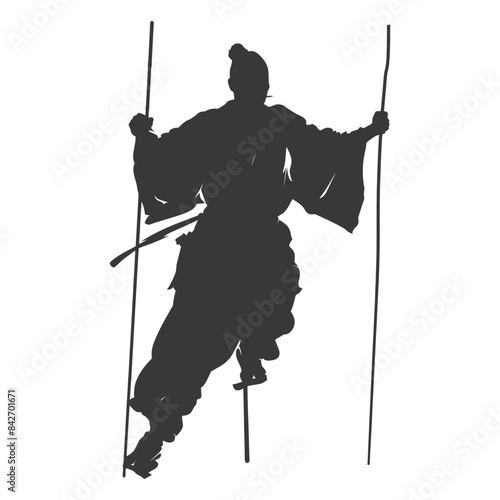 Silhouette of Samurai Warrior on Stilts with Sword, Martial Arts Stance.