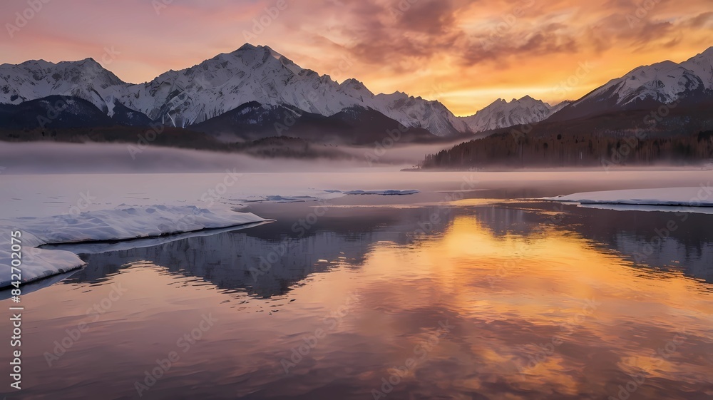 Obraz premium The sun shines in golden and pink colors over a towering mountain range covered in snow. The colors of the sky are reflected on a calm lake in the foreground, while some fog forms over the plains