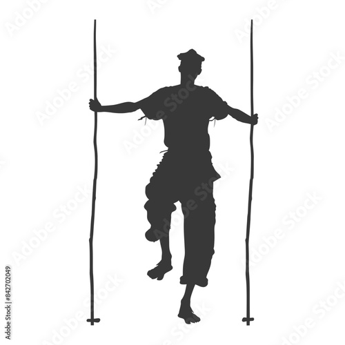 Silhouette Stilt Walker: Rustic Folk Art Performer on Thin Poles.
