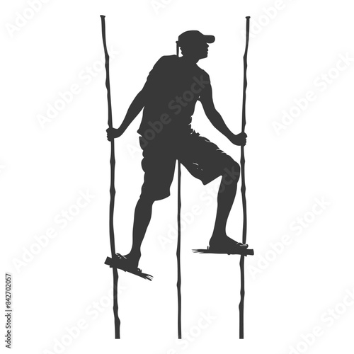 Silhouetted Stilt Walker: Traditional Wooden Stilts, Isolated on White.