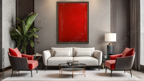 2. Against a backdrop of modern elegance, a crimson poster frame mockup takes center stage in a tastefully decorated living room, serving as a chic focal point that seamlessly integrates with the